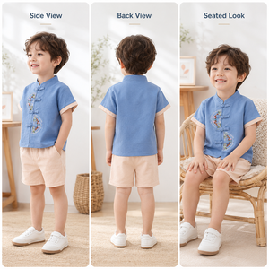 Completo Sportivo Estivo per Ragazzi, Abbigliamento Estivo Alla Moda per Bambini, Set Due Pezzi con Maniche Corte in Denim Patchwork - Product Image 4