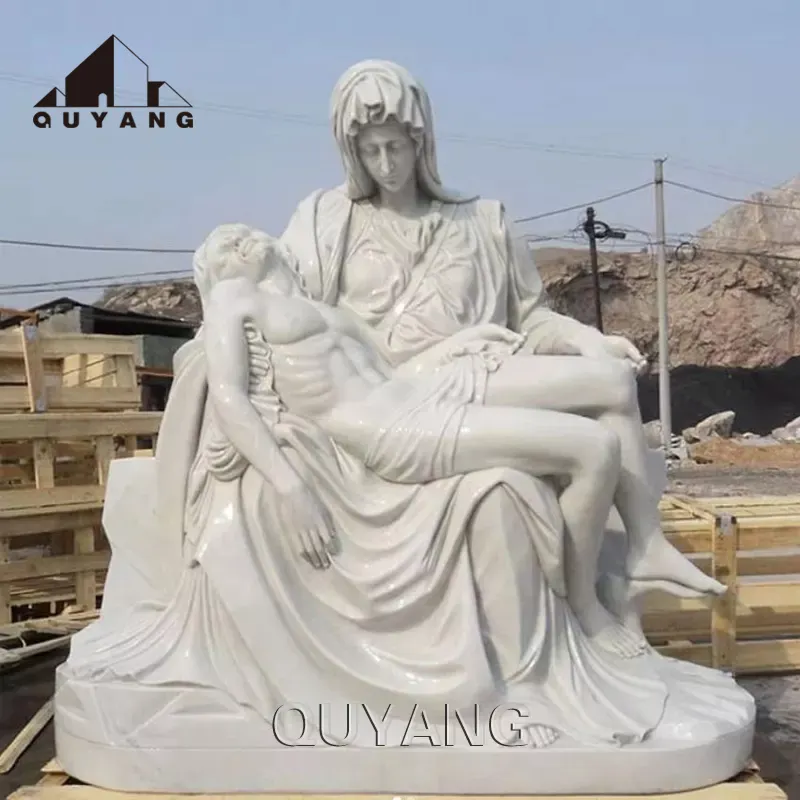 QUYANG Life Size Western Style Outdoor Religious Decoration Figure Statue Hand Carved White Natural Marble Pieta Rodin Sculpture