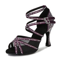 Chaussures de danse latine pour femmes, en satin et maille, avec strass violets, à bride croisée à la cheville, talons hauts, sandales de pratique pour la danse de salon et la salsa