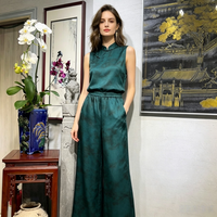 Pantalon large droit en soie Xiangyun vert, style chinois décontracté, taille élastique, amincissant, pour femme, 7930