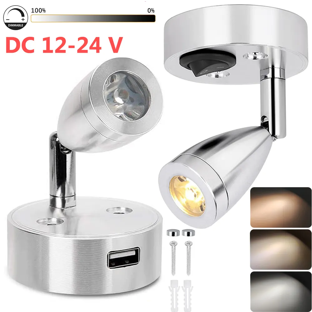 USB RV 조명 인테리어 독서 램프 LED 침대 옆 램프 3W RV 벽 sconce 전등 회전 스포트 조명 보트 캠퍼 밴 램프