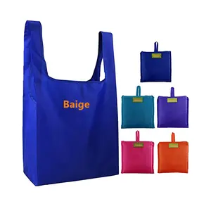 Custom Logo Big Supermarket Foldable Shopping polyester bag into Pouch Eco Friendly Rpet Tote Reusable Grocery Bags