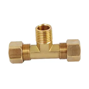 Pusat Kompresi Kuningan Sekrup Tee Cabang Male Metalik 1/4 OD * 1/4 OD * 1/4 M Fitting Sambungan NPT Termasuk Mur dan Ferrule