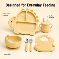 Ensemble d'alimentation pour bébé en silicone de qualité alimentaire personnalisé, comprenant une assiette compartimentée, un bol à ventouse, une tasse à paille, un bavoir, une fourchette et une cuillère pour tout-petits
