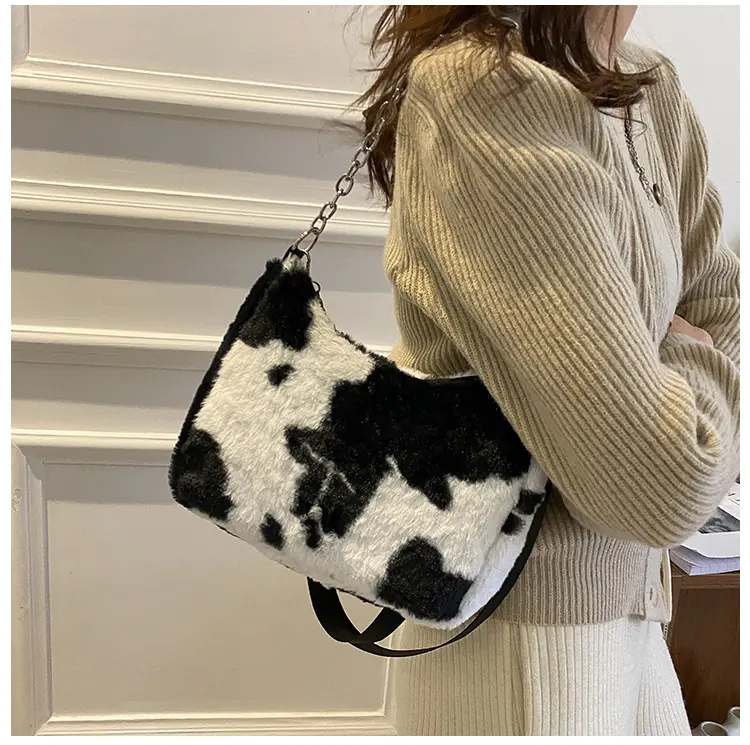 GEERDENG 2022 New Arrival Lady Fashion Zebra and Cow Pattern Faux Fur Handbag Tote Bag For Women Beautiful Fluffy Chain Handbag