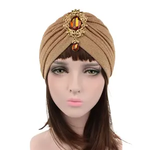 Women S Ruffle Turban Hat Glitter Pleated Stretch Head Wraps Chemo Cap With Brooch Pendant