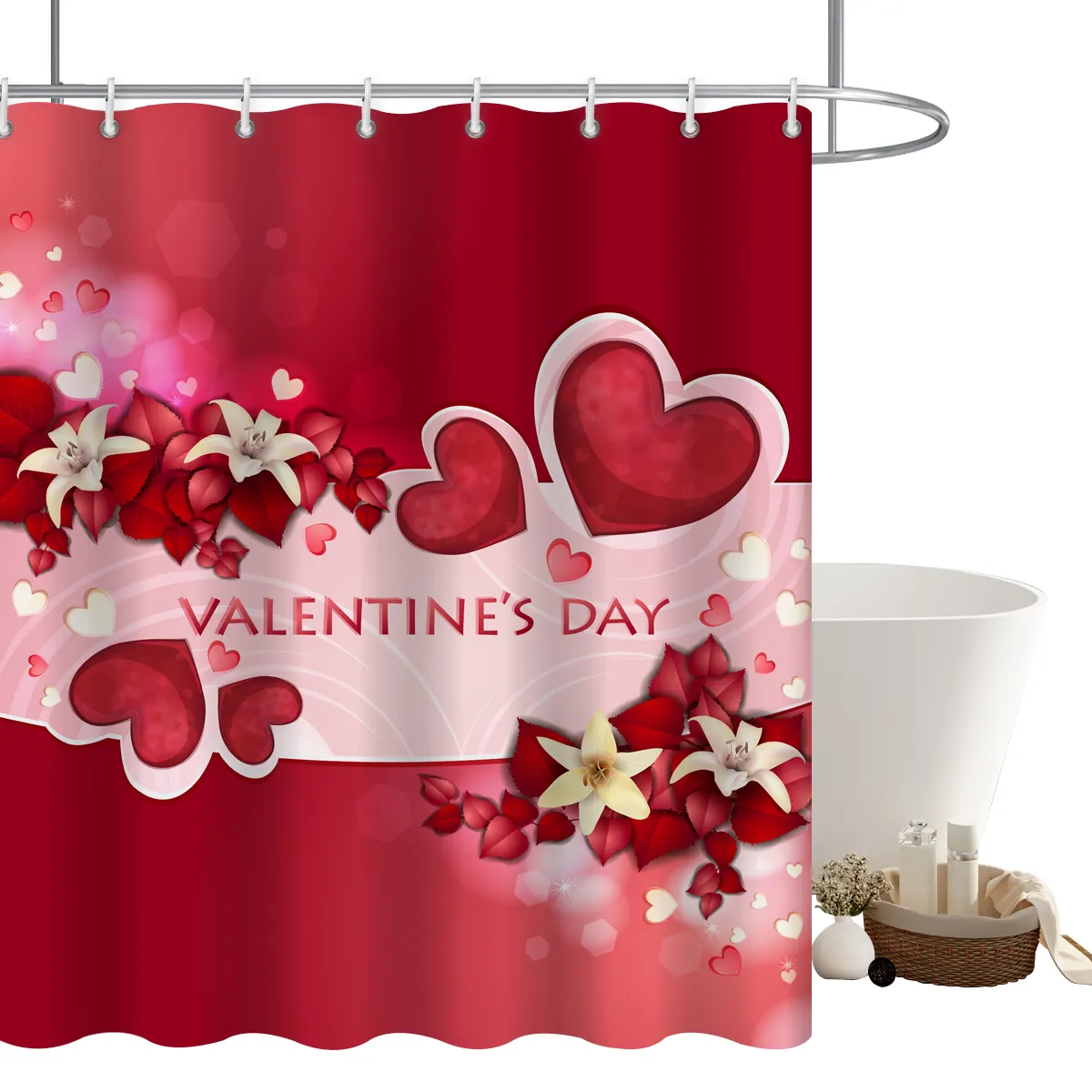 Hearts Shower Curtains Fabric Bathroom Decor Set for Bathroom, Heart Cloth Hearts Shower Curtain, Valentines Day Falling Red