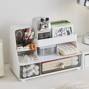 Organisateur de maquillage de bureau avec tiroirs, boîte de rangement pour soins de la peau, rouge à lèvres, papeterie, support cosmétique, étagère blanche multicouche - Product Image 1