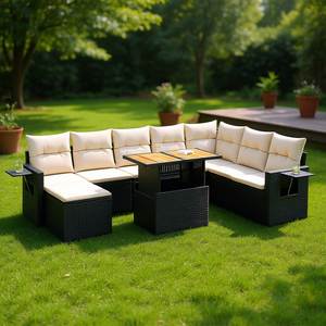 Conjunto de Sofá de Jardín de 9 Piezas con Reposabrazos Ajustables, Muebles de Exterior de Ratán PE Negro - Product Image 2