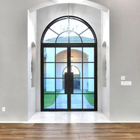 Portes d'entrée arquées en fer forgé à toit rond, portes extérieures doubles en fer avec verre, design moderne, sur mesure