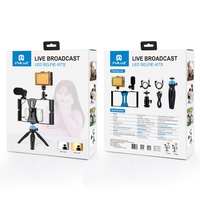 En stock PULUZ Kit de fixation vidéo pour smartphone 4-en-1 avec éclairage LED pour selfie, microphone, support trépied et griffe porte-accessoire universelle pour smartphones