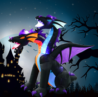 Dragon gonflable à deux têtes qui crache du feu avec squelette, éclairé par des LED, pour la décoration de jardin d'Halloween