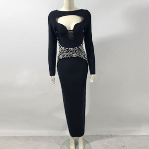 Gaun pesta wanita, gaun pesta malam pinggang tinggi kurus lengan panjang leher kerangka manik-manik kristal elegan modis - Product Image 3