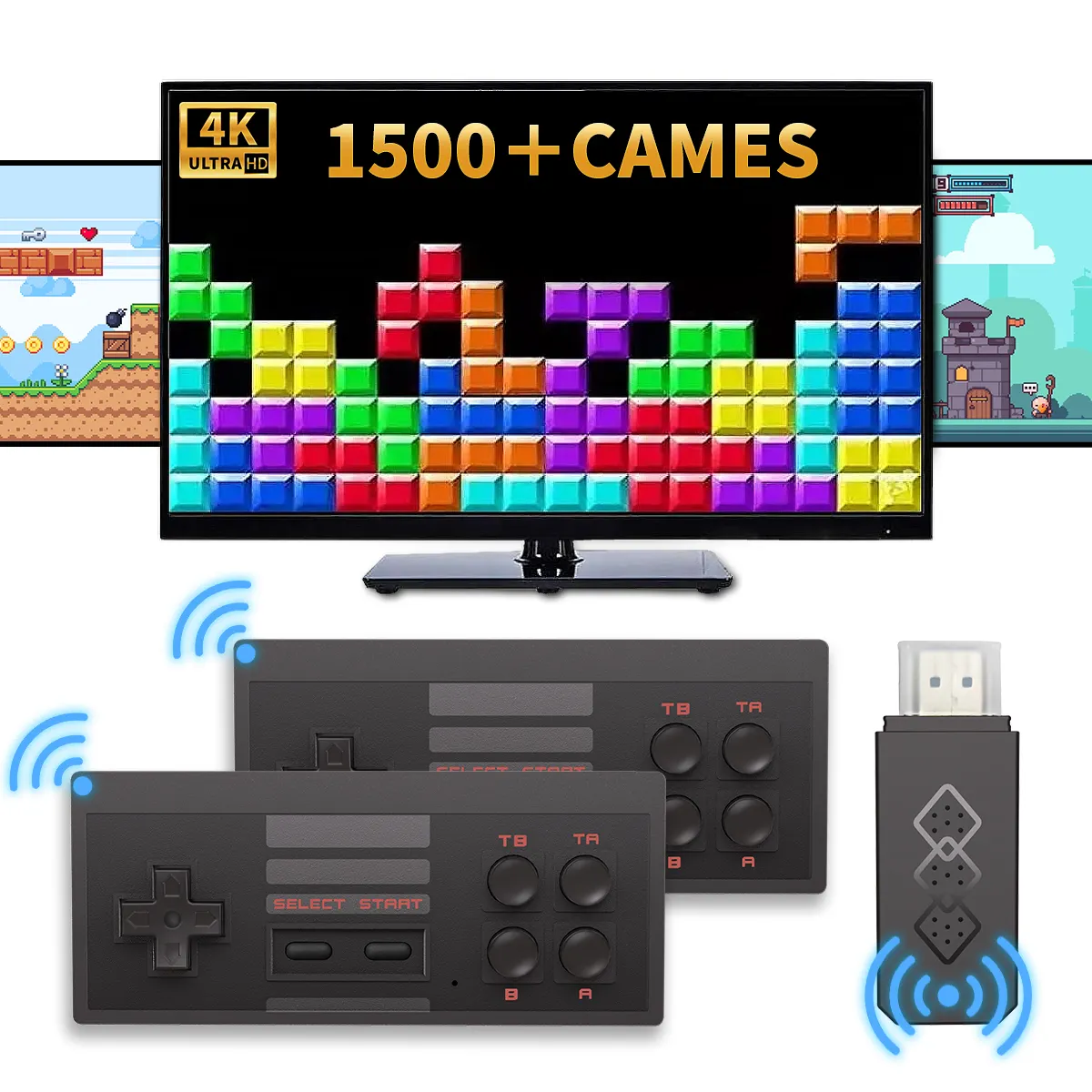 Новая умная Беспроводная игровая консоль USB поддерживает HD TV Out 1500 + FC классические игры с двумя портативными геймпадами