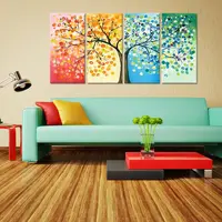 Lukisan Pohon Keberuntungan, Warna-warni 4 Musim Seni Dinding Kanvas Lukisan Minyak Kontemporer Abstrak untuk Dekorasi Ruang Tamu