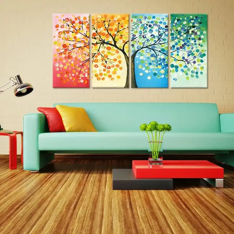 ภาพวาดต้นไม้โชคดีสีสันสดใส4ฤดู,ภาพวาดสีน้ำมันแนวนามธรรมติดผนังสำหรับตกแต่งห้องนั่งเล่น