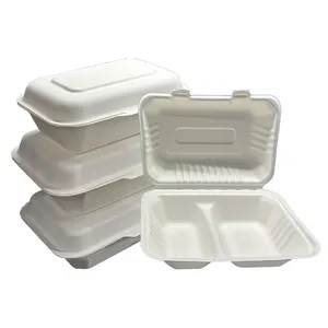 Fabriek Clamshell Papieren Doos Voedselcontainer Suikerriet Bagasse Lunchdoos Met Twee Compartimenten