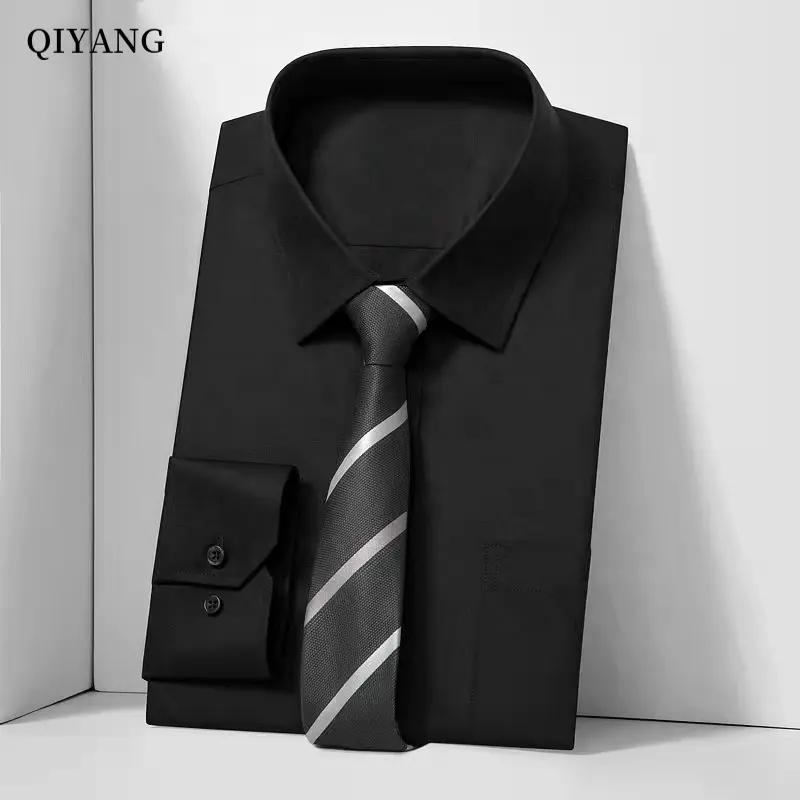 Hot Sale Classic Solid Color Long Sleeves With Pockets Office Clothing Business Men Dress Shirts Black