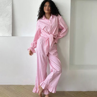 RUIYI Sommer Herbst Winter Romantische Pyjamas Rosa Kariert Gerüschter Langarm-Cardigan Spitzenhose Zweiteiliges Set Weich Atmungsaktiv