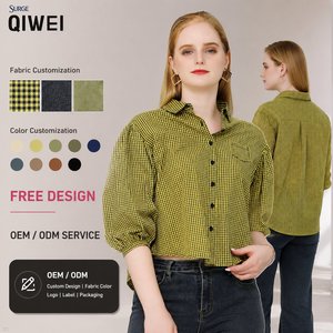 Chemisier court ample personnalisé pour femme, 100% coton, jaune et noir à carreaux, col montant, boutonnage frontal, manches longues bouffantes, épaules tombantes, idéal pour l'été - Product Image 1