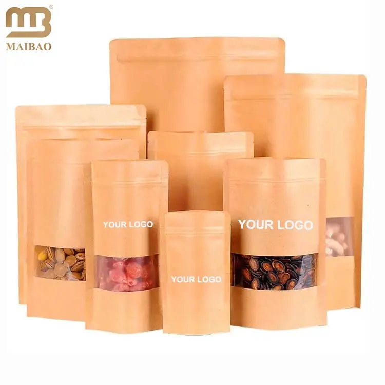 Brown Recycle Custom Printed Ziplock Pouch Coffee Packing Cheap Doypack Kraft Paper Zip Food Bag With Window