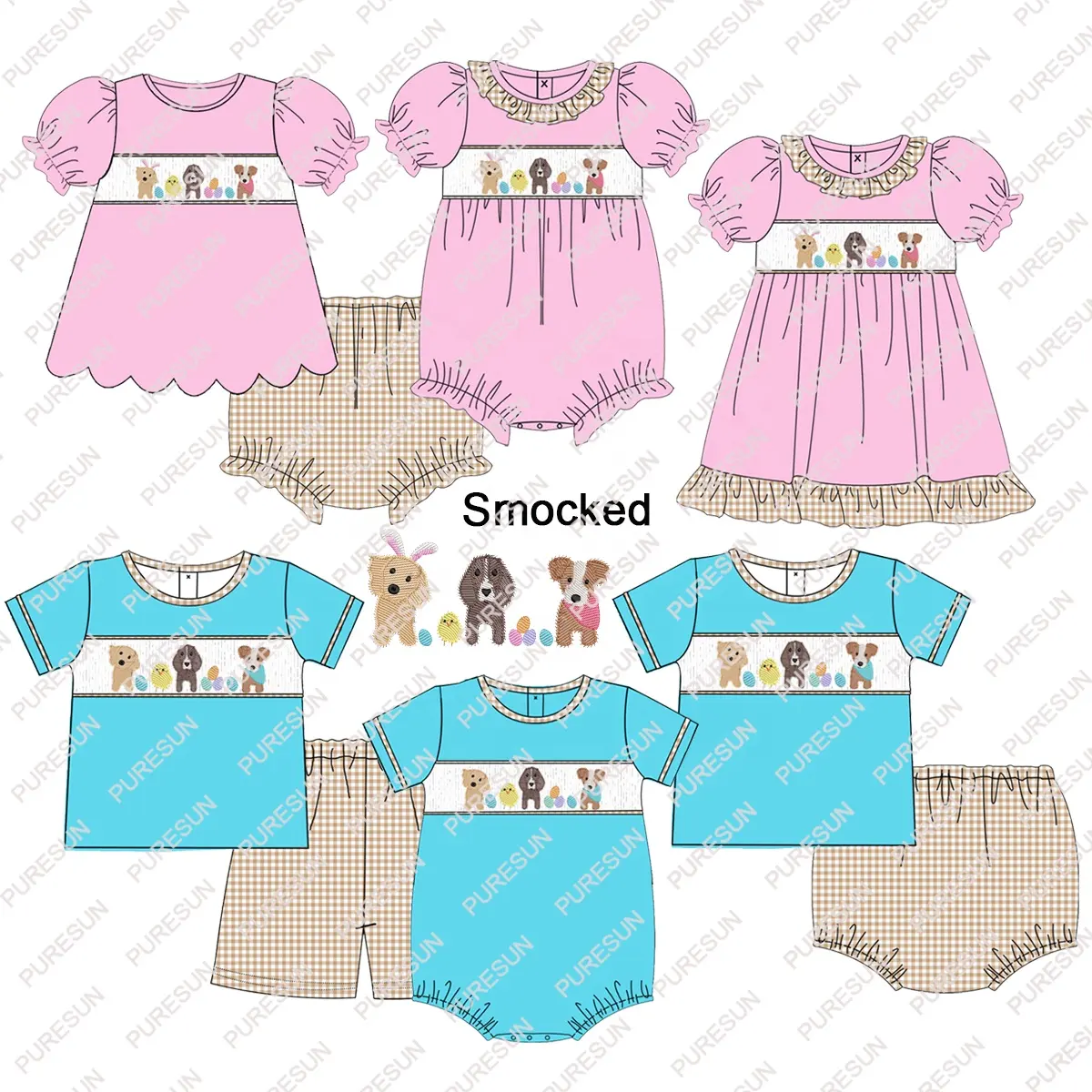 Puresun 2023 New design kids smocked clothing scalloped puff sleeve girls clothing sets Easter toddler boutique girl outfits