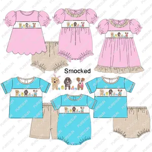 Puresun conjunto de roupas infantis, roupas fumadas, manga bufante, conjuntos de roupas para meninas, trajes infantis de páscoa, 2023