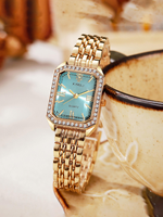 Montre carrée vintage dorée pour femme, montre-bracelet à quartz avec bordure en strass et chiffres romains, cadran multicolore effet rayon de soleil, bracelet en métal