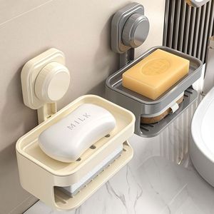 Porte-savon à ventouse rectangulaire blanc et gris, fixation murale, en matériau PET, avec drainage pour salle de bain - Product Image 3