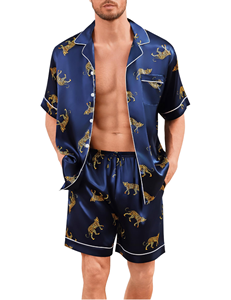 Conjunto de Pijama Personalizado para Hombre, Ropa de Dormir de Seda Satinada, Camisa de Manga Corta, Pantalones Cortos con Estampado de Leopardo - Product Image 1