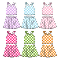 Précommande : Ensemble Yoga et Sport pour Filles – Haut Court à Bretelles à Carreaux et Jupes Élastiques – Tenue Extensible pour Enfants