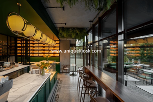 Muebles Personalizados para Panadería, Mostrador de Servicio con Tapa de Mármol, Vitrina de Vidrio, Estante de Madera, Juego de Asientos de Barra para Panadería o Cafetería - Product Image 4