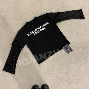 Fabricante personalizado streetwear serigrafía 100% algodón manga larga Camiseta rhinestone doble capa camiseta para hombres
