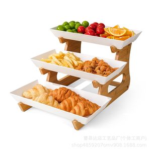 Estante de tres niveles de madera para servir frutas y postres, soporte de bambú con bandejas blancas para aperitivos de fiesta del té. - Product Image 5