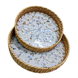Juego de bandejas decorativas hechas a mano con incrustaciones de nácar para regalos festivos y corporativos, bandejas decorativas de ratán. - Product Image 1