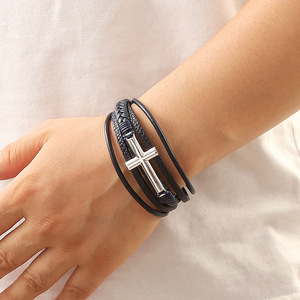 Pulsera Geométrica de Hierro Más Vendida con Piedra Natural y Accesorios de Cruz de Aleación, Estilo Pañuelo de Hombre Tejido a Mano - Product Image 2