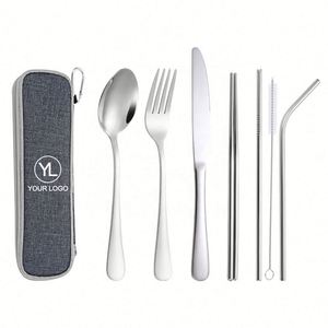 Ensemble d'ustensiles de voyage réutilisables avec logo personnalisé, fourchette, cuillère, couteau, baguettes et paille en acier inoxydable, avec pochette zippée, pour cadeaux événementiels - Product Image 1