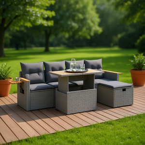 Ensemble de canapés de jardin gris en rotin, mobilier d'extérieur 4 places avec rangement, design contemporain - Product Image 2