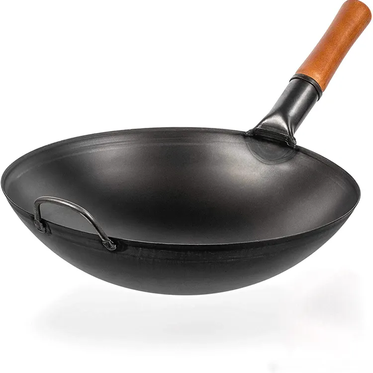 chinese kitchen nonstick carbon steel large black hand hammered cooking stir fry wok pan with wood handle