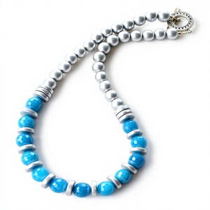 Vintage <b>Blue</b> Silver Resin Bead <b>Necklace</b> Fancy Stylish Round Statement Unique Jewelry Handmade Crafts Wedding Gifts for Women - Product Image 1