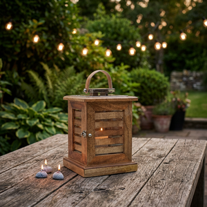 Linterna de madera rústica con diseño de persianas y portavelas Decoración encantadora para el hogar para un ambiente acogedor - Product Image 1