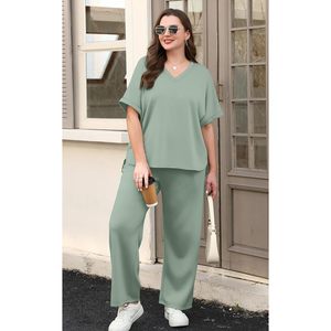 Conjunto de Salón para Mujer, Cuello en V, Manga Corta, Pantalones Anchos, 2 Piezas, Tejido Transpirable, Atuendo para Uso Diario - Product Image 4