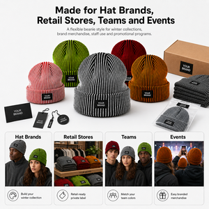 SHINY Bonnets d'hiver en tricot côtelé avec revers, à patch en cuir personnalisé et rayures, pour équipes sportives, clubs, marques de détail - Product Image 2