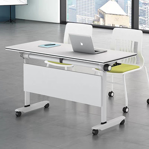 <b>Folding</b> Conference <b>Table</b> White Rectangular Modular Movable Office <b>Desk</b> With Wheels For Meeting Room Training Space - Product Image 2