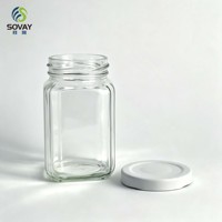 Botol Kaca Persegi Transparan 200ml dengan Tutup Sekrup Putih, Wadah untuk Madu, Selai, Saus Cabai, Kemasan Makanan