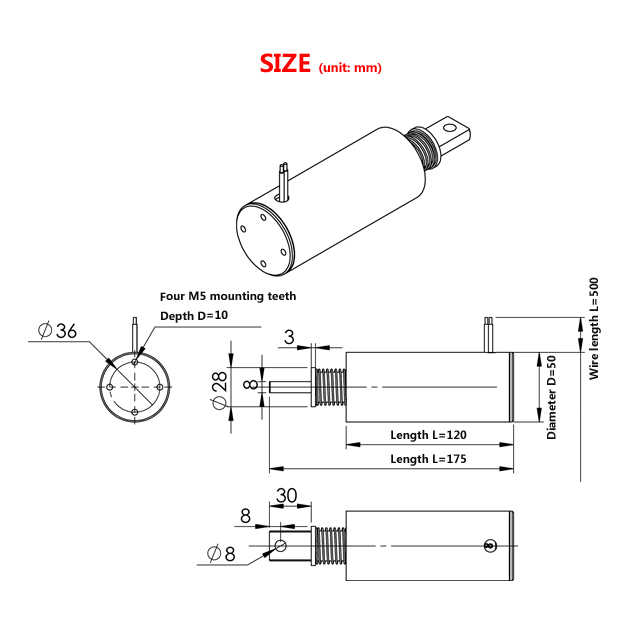 Dc 36v 60N Force Linear Solenoid 40mm 50mm Long Stroke Tubular Pull