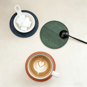 Factory Wholesale Customized Logo Modern round PU Leather Table <b>Coaster</b> <b>Set</b> Handmade European Style Classic Drink Mat Holder - Product Image 4