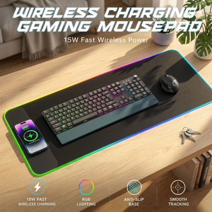 Grand tapis de bureau avec chargeur sans fil, bande lumineuse LED RGB, tapis de souris XXL étendu pour jeux, bureau, maison, ordinateur, graphismes personnalisés - Product Image 1