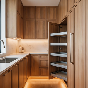 Armoire de cuisine moderne en bois de noyer CBMmart avec îlot <span class=keywords><strong>central</strong></span> en <span class=keywords><strong>marbre</strong></span> intégré, éclairage LED, armoire de cuisine personnalisée pour la maison - Product Image 3