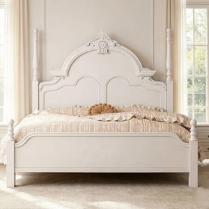 Premium Queen Size White Wood Spindle <b>Bed</b> With Ornate Carved Floral Headboard For French Country Bedroom - Product Image 1